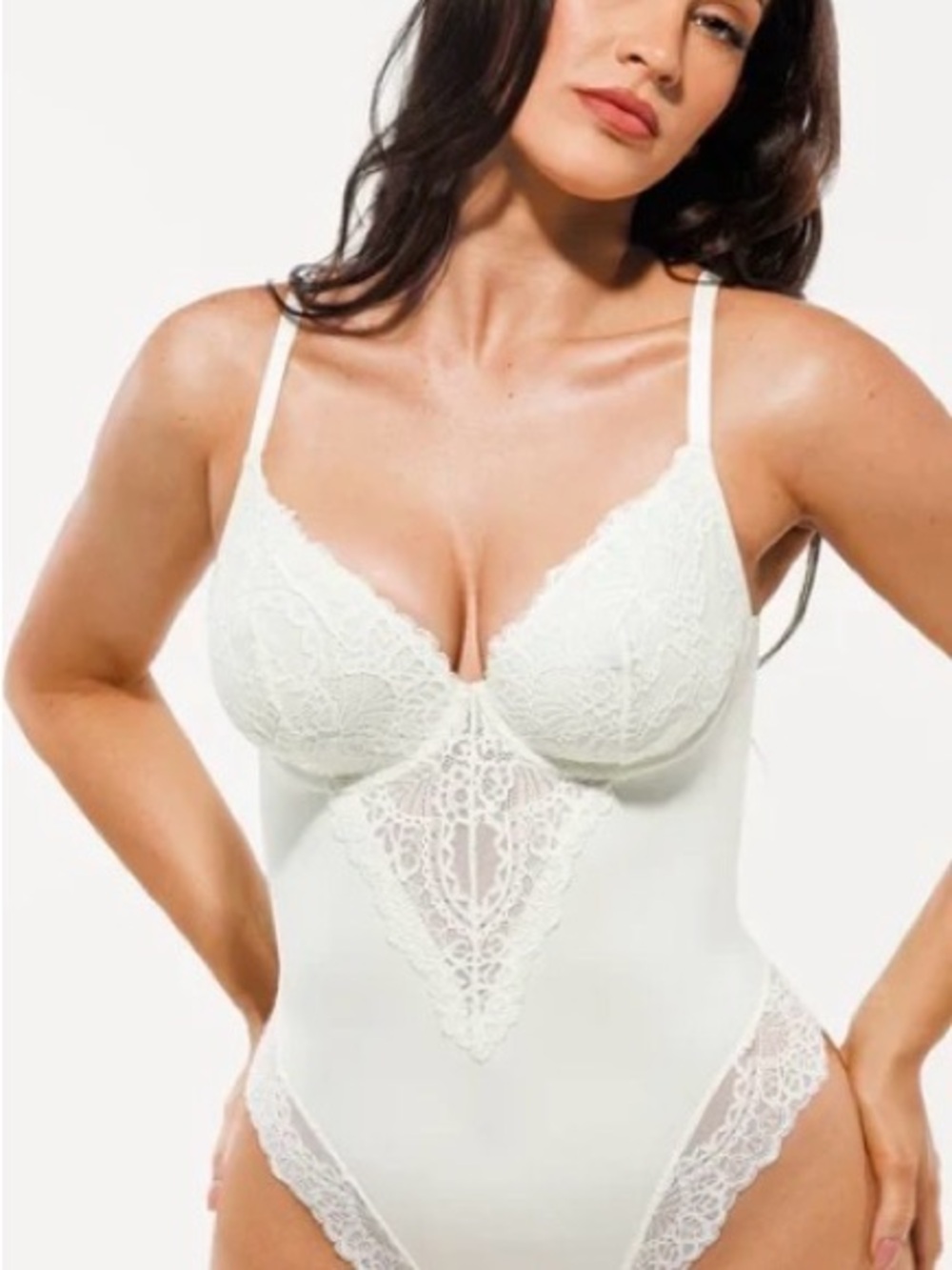 Lace Plunge Bodysuit in Ivory